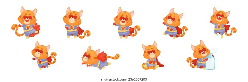 Ginger Whiskered Cat in Red Superhero Cloak and Mask Vector Set