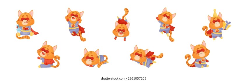 Ginger Whiskered Cat in Red Superhero Cloak and Mask Vector Set