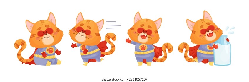 Ginger Whiskered Cat in Red Superhero Cloak and Mask Vector Set