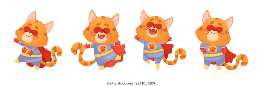 Ginger Whiskered Cat in Red Superhero Cloak and Mask Vector Set