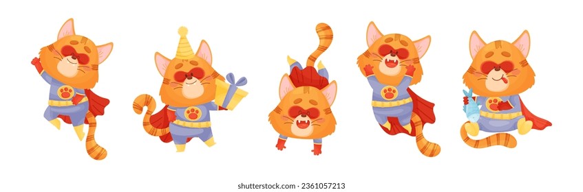 Ginger Whiskered Cat in Red Superhero Cloak and Mask Vector Set