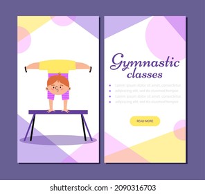 Ginger white boy does handstand on the pommel horse at Kids Gymnastics Classes. Physical Education Sport Classes for children, vertical vector banner for mobile phone or template for flyer card.