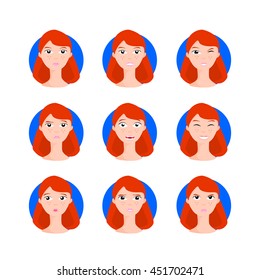 Ginger woman with freckles set vector illustration. Red haired young female in cartoon style with different facial expressions, emotions.