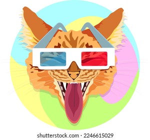 Ginger yawning cat in 3d glasses for watching a movie. Vector illustration