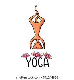 A ginger yoga cat with an inscription decorated with pink lotuses. vector image in the style of children's illustration.