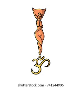 Ginger yoga cat with the sign "ohm." Vector image in the style of a children's illustration isolated on white.