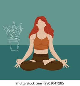 Ginger young peaceful woman meditating, relax in lotus position, yoga,  body wellness, red hair, vector illustrationflat cartoon style, no face