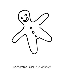 Gingerbead man. Black outline on white background. Picture can be used in christmas and new year greeting cards, posters, flyers, banners, logo etc. Vector illustration. EPS10