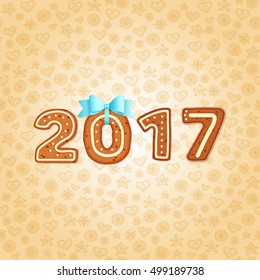 Gingerbread 2017 with blue bow. Christmas and New year greeting card. Vector seamless pattern holiday background