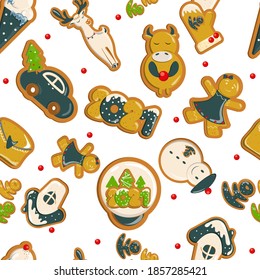 
Gingerbread 2021 vector seamless pattern in the shape of a snowman, deer, bull, car, house,
mittens, envelope, ice cream, lettering. Packaging design, textiles.