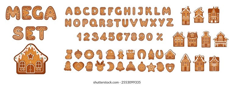 Gingerbread ABC digits and houses flat color vector objects mega set. Christmas symbols for festive design illustrations bundle on white