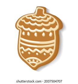 Gingerbread in the acorn form . Flat style in Vector illustration. Isolated on white background. Home bakery, cooking, ornamented cookies, Christmas sweets. Clip art for hand made pastry. 