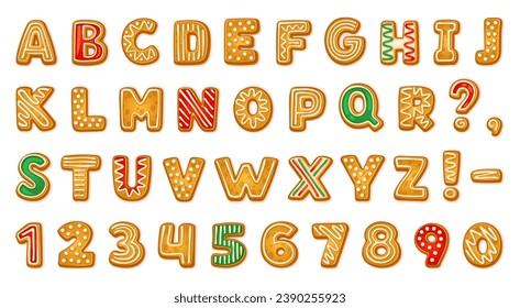 Gingerbread alphabet. Biscuit letters and numbers text communication, xmas cookie font tasty ginger bread typography, christmas holiday abc lettering vector illustration of alphabet font gingerbread