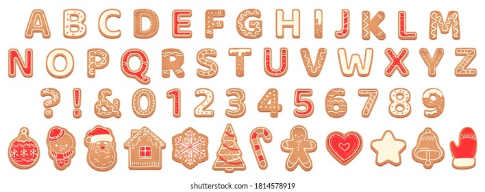 Gingerbread alphabet. christmas cookies and biscuit letters for xmas holiday message. pastry gingerbread english childish font Vector set abc christmas, sweet typeface gingerbread illustration