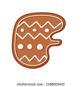 Gingerbread alphabet. Creative gingerbread typography design. Biscuit traditional decorative alphabet. Christmas Cookie font. Letter F.