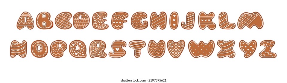 Gingerbread alphabet. Creative gingerbread typography design. Biscuit traditional decorative alphabet. Christmas Cookie font.