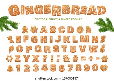 Gingerbread alphabet for decoration design. Christmas vector illustration. Sweet dessert. Winter holiday elements.