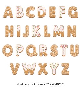 Gingerbread alphabet for decoration design. Christmas vector illustration.