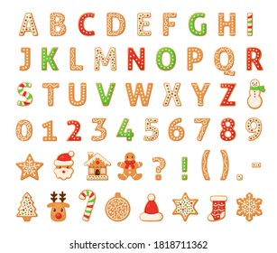 Gingerbread alphabet. Merry christmas and happy new year figures decorated sugar glazed english letters, numbers, abc homemade sweet traditional cookies winter holiday food vector isolated set