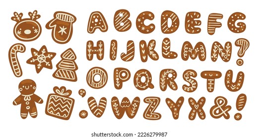 Gingerbread alphabet. Sugar Christmas biscuits. Ginger cookies with glaze decorations. Uppercase letters and numbers. Holiday font elements. Pastry typeface. Garish