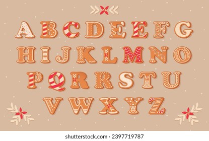 Gingerbread alphabet. Vector illustration of Christmas alphabet