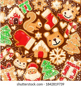 Gingerbread background. Snowy background. gingerbread set. Perfect for Christmas banners, greeting cards, and presentations. Vector illustration.