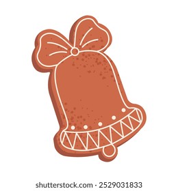 Gingerbread bell Christmas cookies vector Illustration isolated on a white background. Homemade cookies. Holiday Xmas cartoon dessert. Cute modern hand drawn gingerbread bell in icing-sugar.