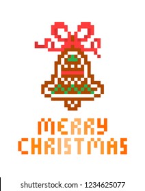 Gingerbread bell decorated with white, red, green sugar icing and ribbon bow, 8 bit pixel art greeting card/banner isolated on white background. Edible Christmas tree ornament. Winter holiday treat.