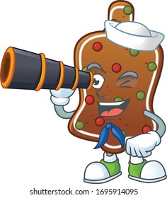 Gingerbread bell in Sailor cartoon character style using a binocular