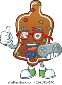 Gingerbread bell talented gamer mascot design play game with controller