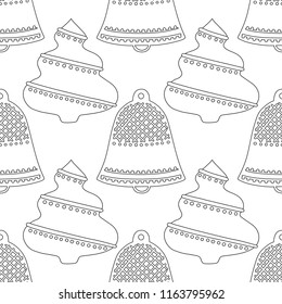 Gingerbread, bells. Black and white illustration for coloring book or page. Christmas, holiday background.
