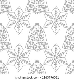 Gingerbread, bells. Black and white illustration for coloring book or page. Christmas, holiday background.