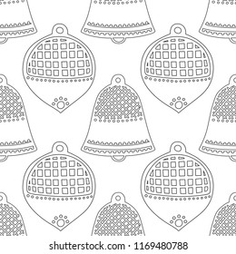 Gingerbread, bells. Black and white illustration for coloring book or page. Christmas, holiday background.