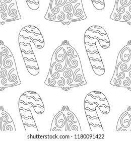 Gingerbread, bells. Black and white illustration for coloring book or page. Christmas, holiday background.