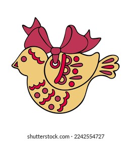 Gingerbread birdie with ribbon bow. Christmas sweet cookies. Happy New Year. Viva Mangenta. Hand drawn flat illustration.