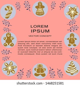 Gingerbread biscuits frame for text on pink background. Vector.