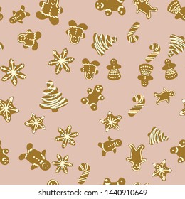 Gingerbread biscuits seamless pattern on pink background. Flat style illustration. Greeting card, poster, design element. Vector