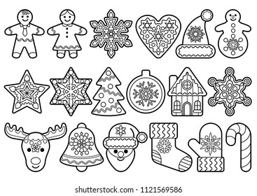 Gingerbread black outline set isolated on white background. Vector objects for forms for gingerbread toys, holiday items, Christmas and New Year symbols, icons, coloring book for little children.