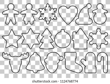 Gingerbread black outline set isolated on squate background. Vector objects for forms for gingerbread, holiday items, Christmas and New Year symbols, icons.
