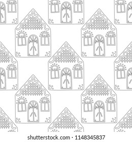 Gingerbread. Black and white illustration for coloring book or page. Christmas, holiday background.