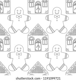 Gingerbread. Black and white illustration for coloring book or page. Christmas, holiday background.