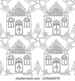 Gingerbread. Black and white illustration for coloring book or page. Christmas, holiday background.