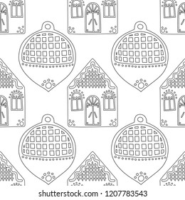 Gingerbread. Black and white illustration for coloring book or page. Christmas, holiday background.