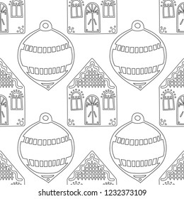 Gingerbread. Black and white illustration for coloring book or page. Christmas, holiday background.