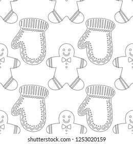 Gingerbread. Black and white illustration for coloring book or page. Christmas, holiday background.