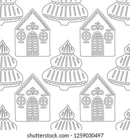 Gingerbread. Black and white illustration for coloring book or page. Christmas, holiday background.