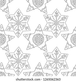 Gingerbread. Black and white illustration for coloring book or page. Christmas, holiday background.