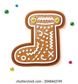 Gingerbread Boot Isolated on White. Christmas Cookie. Vector Illustration.