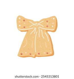 Gingerbread bow cookie isolated on white background. Homemade festive baking in bowknot shape. Christmas sweet dessert with frosting decor. Vector hand drawn flat illustration