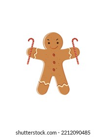 Gingerbread Boy with a big smile and holding candy cane Xmas vector isolated on white background. Perfect for coloring book, textiles, icon, web, painting, books, t-shirt print.